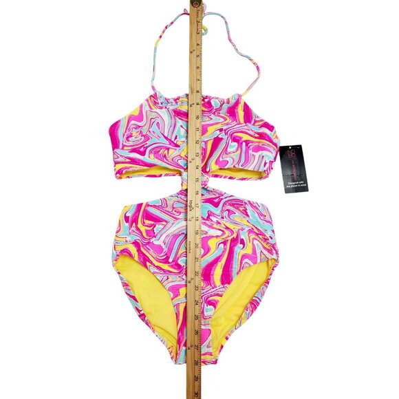 Womens High-Waisted Swirl Print Bikini Set Halter Tie Cut-Out Detail Size S - Picture 3 of 8